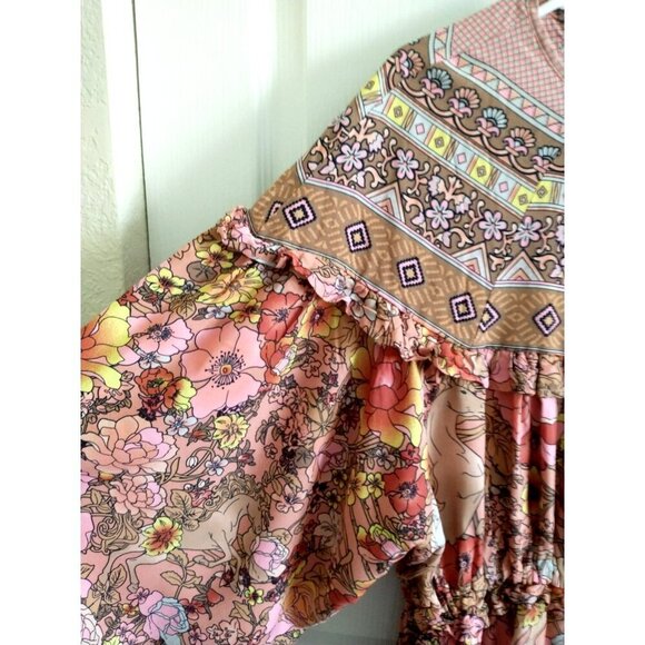 Gypsy Boho Mini Dress Champagne and Pink Cotton Tiered Balloon Sleeves - M/L - Picture 6 of 10